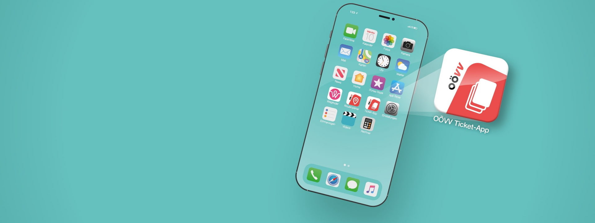 A tilted smartphone with app icons beside a white-red ÖVV Ticket-App icon on teal background.