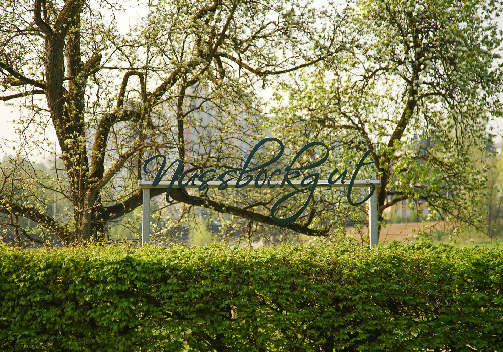 Nussböckgut - Urlaub am Bauernhof Blühender Baumhain vor einem großen, kunstvoll geschwungenen Schriftzug-Schild im Vordergrund.