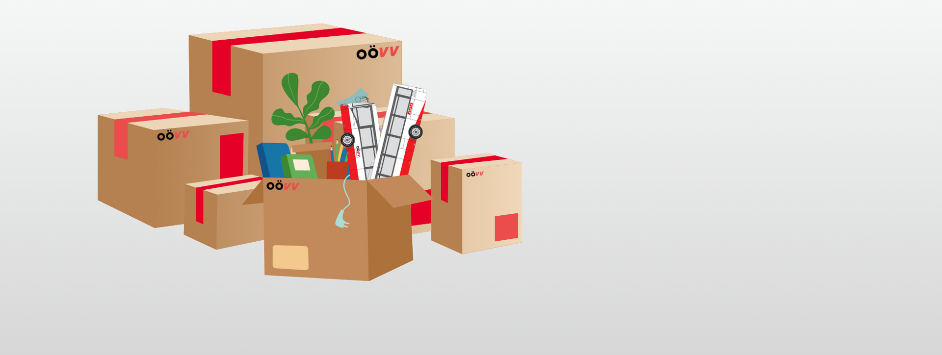 Several moving boxes with red tape in the bottom-right corner.