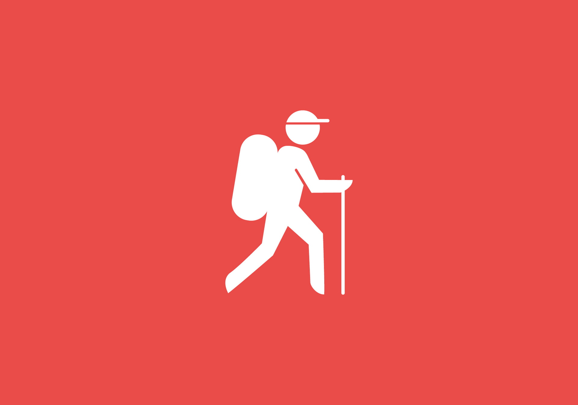 Icon Wandern Weiße Silhouette eines Wanderers mit Rucksack und Gehstock vor rotem Hintergrund.