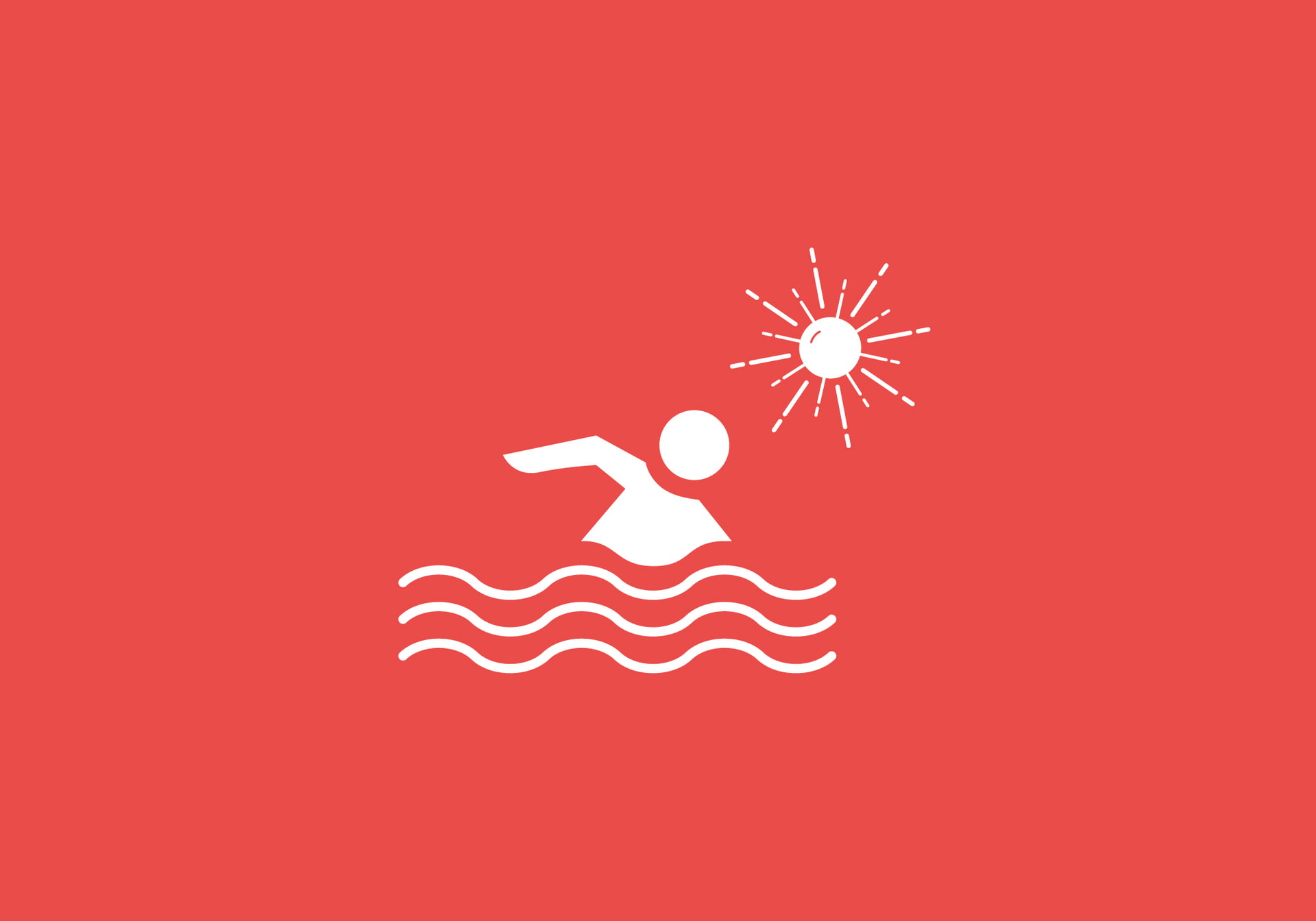 Icon Baden Eine stilisierte Figur schwimmt in Wellen, Sonne darüber.