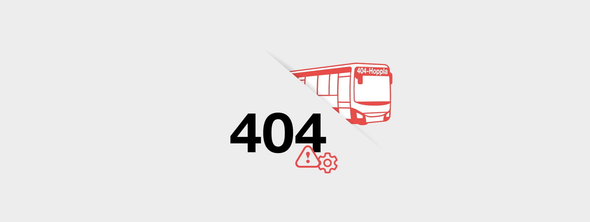 Große 404-Fehleranzeige mit roter Busgrafik und Warnsymbolen.