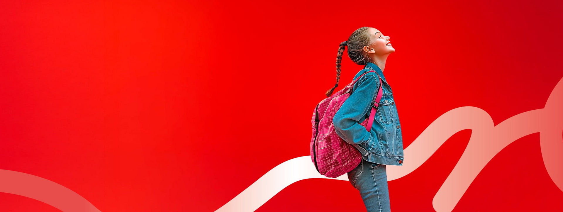 Girl wearing denim jacket and jeans with a pink backpack walking on a red background with a wavy stripe.
