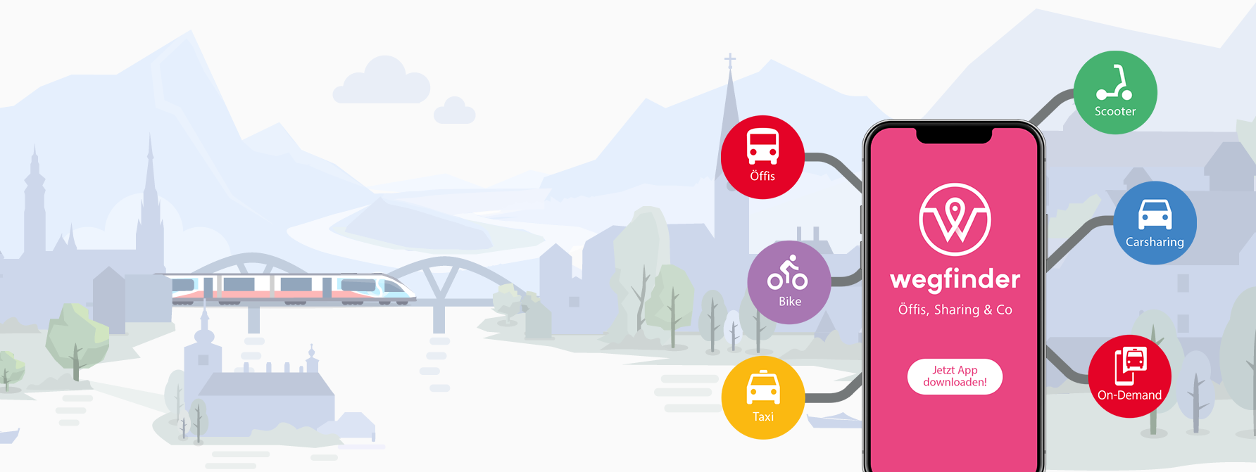 Wegfinder-App zeigt verschiedene Mobilitätsoptionen (ÖV, Fahrrad, Taxi, Carsharing, Scooter) in einer Stadtlandschaft.